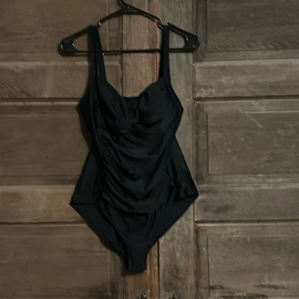 ADFOLF One Piece Black Ruched swimsuit. Sz medium.